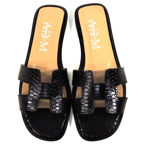 ALESSANDRO DI MARIA 🇮🇹 WOMEN'S BLACK LEATHER FLAT SUMMER SANDALS - Picture 8 of 8